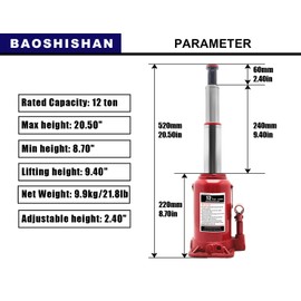 BAOSHISHAN 12 Ton Double Ram Bottle Jack 8-5/8" to 20-1/2" Lifting Range Hydraulic Bottle Jack
