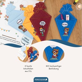 Papierdrachen 4 Felt School Cones - with Great Embroidery - Superhero Animals - Can be Used as Cutlery Holder or Gift Packaging - Perfect for Starting School - Set 03
