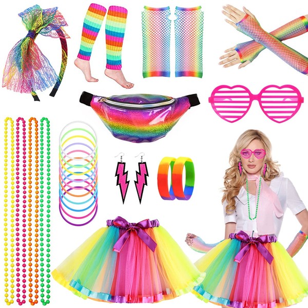 Aonuily 80s Fancy Dress for Women, 1980s Party Costume Accessories Set Tutu Skirt Leg Warmers Earrings Fishnet Gloves Glasses Bracelet Necklace Headband for 80s Party Dress up Day