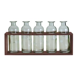 Elements 13.58x2.95x6.3 Inch Decorative Glass Bottles in Wooden Caddy, Includes 5 Green Glass Bottles in Natural Wood Finish Caddy, Brown