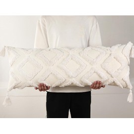 PANOD Decorative Long Lumbar Pillow Cover 12x40 Boho,Super Soft Chenille Extra Long Lumbar Pillow Case Cover with Tassel for Bed Sofa Couch Farmhouse Livingroom,White,Modern Skinny