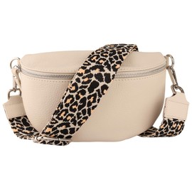 MIRROSI® Women's Bum Bag, Genuine Leather, Made in Italy, Shoulder Bag, Chest Bag, Crossbody Bag (1 Bag & 2 Straps), Beige (Leo Beige), bohemian