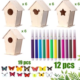 Outus 24 Pcs Wooden DIY Birdhouse Kits for Kids to Build, 4 Shapes Birdhouse Kit Wooden Unfinished with Watercolor Pen and Butterfly Sticker for Boy Girl Arts Crafts(5.12×3.15×7.09 inch,Novel)