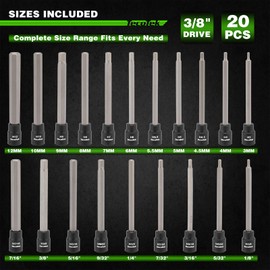 TecoTek 20-Piece 3/8 Inch Drive Extra Long Allen Hex Bit Socket Set, SAE (1/8"-7/16”) and Metric (3mm-12mm), CR-V & S2 Alloy Steel, Enhanced Storage Case