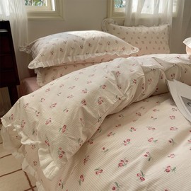 GETIYA Romantic Pink Flowers Bed Linen 135 x 200 cm Cotton Bed Linen with Ruffles Bed Linen Girls Ladies Floral Duvet Cover Two Piece Pink Flowers Duvet Cover with 1 Pillowcase 80 x 80 cm