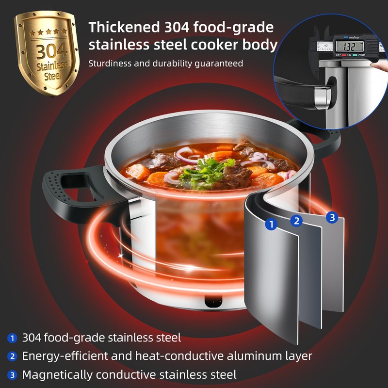 6.3 QT Pressure Cooker, 304 Stainless Steel - Explosion-Proof Lock,