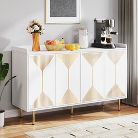 DWVO 55" Kitchen Storage Cabinet with Carved Design Door, Adjustable Shelves, Modern Sideboard Buffet Cabinet with Storage for Hallway, Kitchen or Living Room, White/Gold