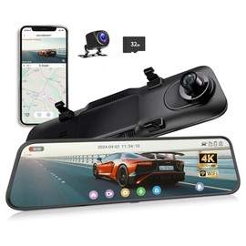 Retrovisor con Camara, Cámara de Espejo retrovisor, 10" Dashcam para Auto Frontal y Trasera WiFi, 4K con Pantalla Táctil, 64GB Card, Monitor de Aparcamiento, Grabación En Bucle