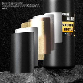 Bewinner 304 Stainless Steel Insulated Water Bottle 1.5L, Straw Lid Handle Reusable Wide Mouth Vacuum Bottle for Gym Fitness (Black)