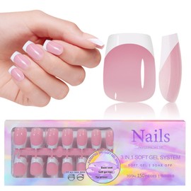 French Gel Nail Tips, 150pcs Medium Coffin Press on Soft Gel Fake Nails, 3 in 1 X-coat Pre-Applied Tip Primer & Base Coat, 15 Sizes for DIY Nail Extension, No Filing Required (HJ-NT087-No.4)