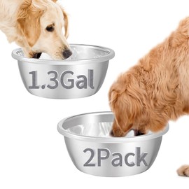 Baeluny 2Pcs 1.3 Gallons Large Dog Water Bowls, Large Capacity Stainless Steel Round Dog Water Bowls, Metal Dog Food and Water Bowls for Indoor and Outdoor Extra Large Dogs