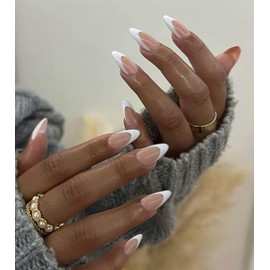 KQueenest 30Pcs White French Tip Press on Nails Short Almond, 15 Sizes Nude Fake Nails Press ons, Natural Medium Short Gel Nails Acrylic with Design, French Tip Nails False Nails for Home DIY