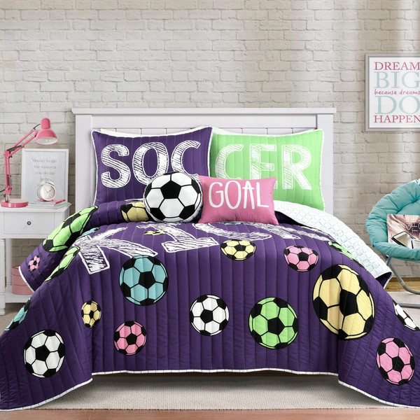 Lush Decor Girls Soccer Bedding Set, Full / Queen - 5 Pieces Includes Reversible Comforter Quilt, 2 Pllow Shams and 2 Accent Pillows, Purple