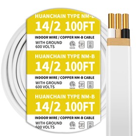 14/2 White 100FT NM-B Pure Copper Cable, Indoor Non-Metallic Sheathed Cable, 14 AWG 2 Conductors with Ground Wire, Suitable for Exposed and Concealed Wiring
