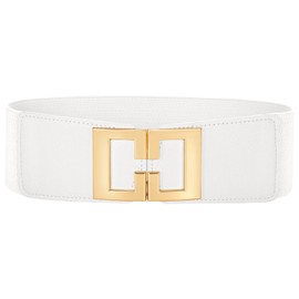 Wide Elastic Belts for Women Dresses Fashion Stretchy Waist Belt with Gold Buckle (White)