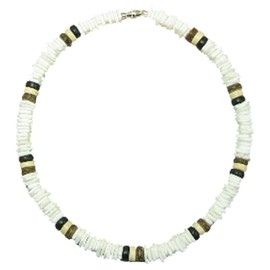 Native Treasure 20" Mens and Womens Tropical Summer Beach Surfer Necklace From the Philippines, White Rose Clam Chips Ark Shells and Coconut Beads