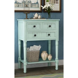 P PURLOVE Narrow Console Table, Farmhouse Entryway Table Slim Sofa Table with Three Storage Drawers and Bottom Shelf, Wood Entry Table for Living Room, Easy Assembly (Retro Blue)