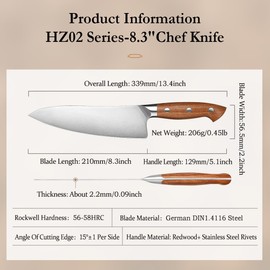 HEZHEN Pro Chefs Knives 8.3 Inch, High Carbon German 1.4116 Steel，Stainless Steel Rivets with Red Wood Handle，Razor Sharp, Super Edge, with Woodern Knife Sheath