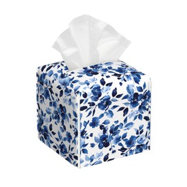 Tissue Box Cover Square, Sweet Blue Flower Watercolor Leather Tissue Box Holder Decorative Organizer for Bathroom, Home Office Car Decor
