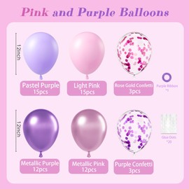 61pcs Pink and Purple Balloons, 12 Inch Confetti Latex Metallic Balloons for Bridal Baby Shower Wedding Women Birthday Party Decorations