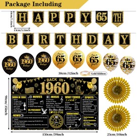 65th Birthday Decorations Kit for Men Women, Black Gold 24PCS Back in 1960 Banner Decorations , Vintage 1960 Banner Wooden Table Sign Poster Hanging Swirl Balloons Papar Fans Cheers to 65 years