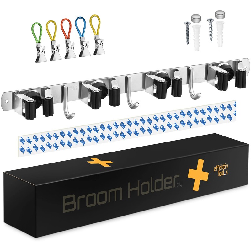 EFFEKTIVTOOLS Mop and Broom Holder Wall Mount – Self-Adhesive Stainless