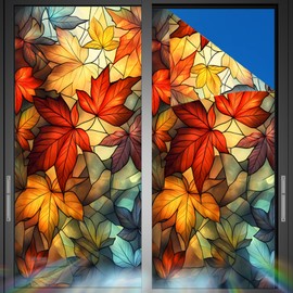 Nuxovilar Stained Glass Autumn Maple Leaf Window Film, 16.9×39.4inch, Red Maple Leaf Pattern Static Cling for Home & Decor (Sparkle)