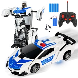 KutaKuta Transforming Police Car Remote Control Cars, 2 in 1 Police Car Toy Robot Toys with Hand Gesture Sencing LED Light Music, Transforming Robot RC Car 2.4GHz 360°Rotation Transform