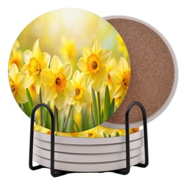 Daffodil Flower Flowers Round Coasters Set of 6 - Abosrbent Ceramic Coasters with Metal Stand for Drinks, Coffee, Non-Slip Cork Back for Tabletop Protection, 4 Inches (Daffodil)