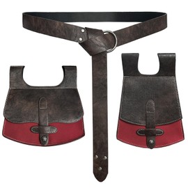 HiiFeuer 3PCs Medieval Faux Leather Belt with Vintage Handmade Belt Bag and Retro Knight Waist Bag, Renaissance Belt Pouch Set (Brown C)