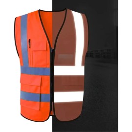Chaleco Seguridad Trabajo Industrial Brigadista Reflectante Tiras Unisex Bolsillos Multifuncionales Cierre Industria Alta Visibilidad 1pz Protección Naranja