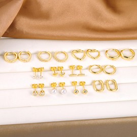 ASH'S CHOICE 12 Pairs Multipack Earrings Silver 925 Hoop Earrings Gold Stud Earrings Small Set Glitz Hoop Earrings Square Oval Heart Small Stud Earrings with 5A Zircon Rhinestone 9ct Gold Earrings Set
