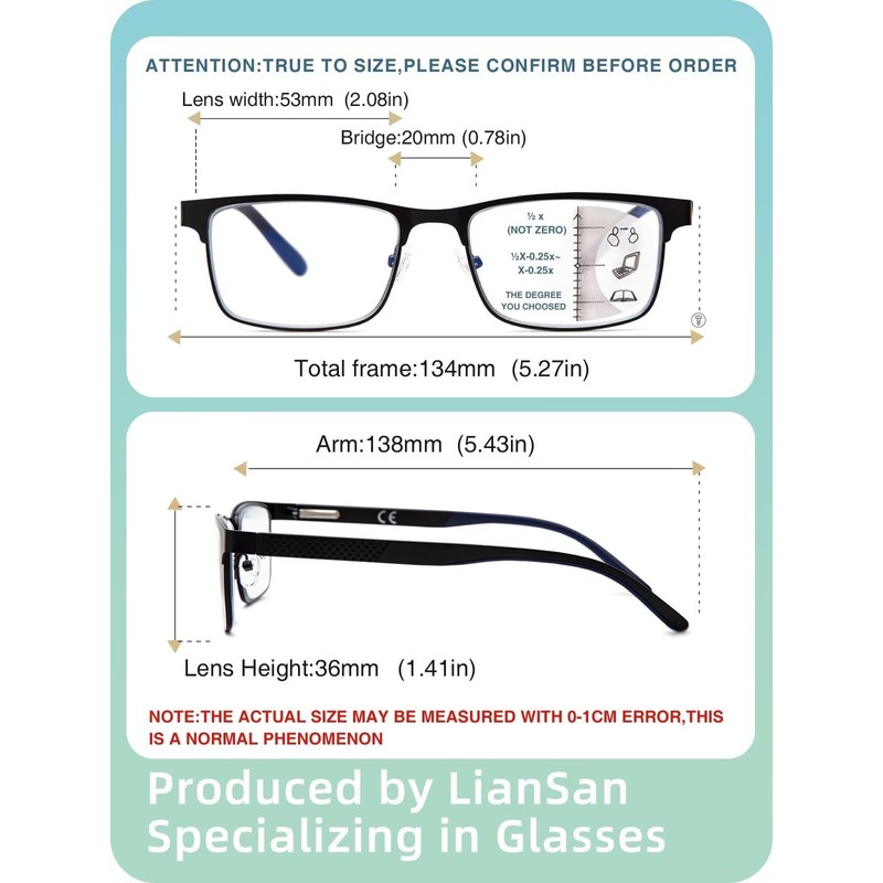 LianSan 2Pack Progressive Multifocus Reading Glasses - for Men Women,No-Line