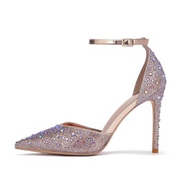 Zhabtuc Rhinestone Pumps for Women Glitter Ankle Strap Stiletto Heels 10 cm / 3.94 Inches Sparkling Lace Heel Shoes Party Wedding Heels Bridal Shoes Shiny High Heels, Rhinestone Gold