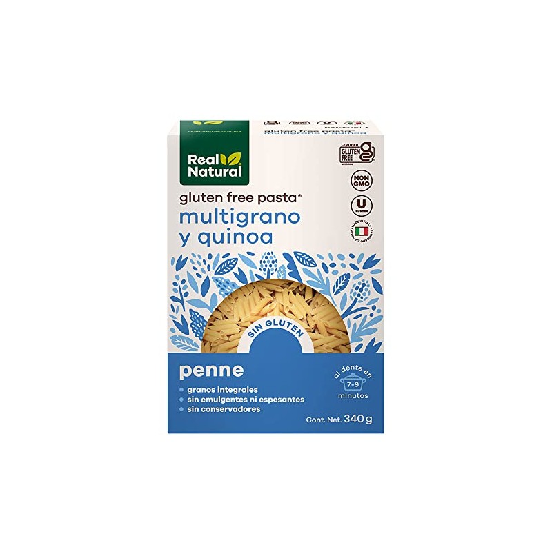 Real Natural, GLUTEN FREE PENNE QUINOA MULTIGRANO, 340 gramos