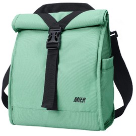 MIER Insulated Lunch Bag Roll Top Lunchbox for Women Men Adults Foldable Rolltop Lunch Tote with Shoulder Strap for Work Office Picnic, Water Bottle Holder, Green