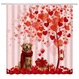 AEMBEE Valentine's Dog Shower Curtain Red Heart Rose Flower Funny Dog Romantic Sweetheart Couple Polyester Bathroom Curtains with Hooks,Red Pink