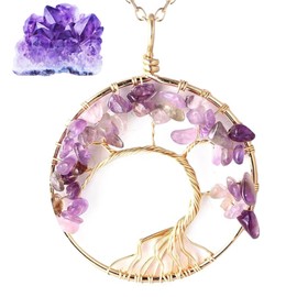 Halukakah Women's Crystals and Healing Stones Necklace Gold-Plated Brass Wire Natural Amethyst Quartz Purple Handmade Winding Tree of Life Pendant 5 cm Chain 50 cm, Brass Stone, No Gemstone