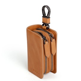 VISOUL Genuine Leather Car Key Cover Key Bag Car Key Pendant Antique Vintage Double Zip Carabia Hook Bag, light brown, Vintage