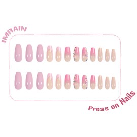 IMRAIN Press on Nails Long Coffin Nails Pink Gradient French Tips Fake Nails with Flower & Rhinestone Designs Glossy Glue on Nails Purple Artificial Ballerina False Nails Stick on Nails 24Pcs
