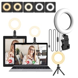Ring Light Laptop, 5 Inch Ring Light with Tripod & Clip, Video Conference Light with 5 Lighting Modes & 11 Brightnesses, 360° Dimmable Selfie Light for Video Streaming, Video Call, Tiktok, Meeting,