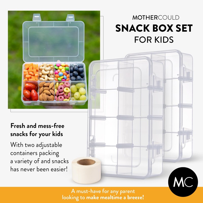 Snack Box Containers Set of 2-Reusable,100 Dissolvable Labels, 8 Adjustable