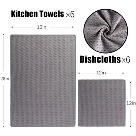 Vnoss Waffle Weave Microfiber Kitchen Towels and Dishcloths Set, 26 X 18 Inch and 12 X 12 Inch, Set of 10 Gray Lint Free Dish Towels for Drying Dishes