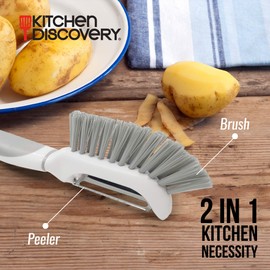 Vegetable Peeler with Brush – Kitchen Discovery – Ergonomic Veggie Peeler with Scrubber Brush for Easy Peeling and Cleaning – Built-in Brush Lifts Soil and Dirt and Helps Remove Waxy Coatings