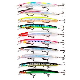 Nuguri Lure Set, Minnow, 5.3 inches (13.5 cm), 0.5 oz (15 g), 10 Color Set, Perfect for Saltwater (Saltwater) such as Sea Bass, Flounders, Fishing Lure Set, Lipless, Floating Minnow, Pencil Bait, Hook, Strongest Colors, Set of 10 Colors