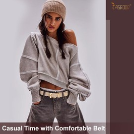 JASGOOD Women Braided Woven Elastic Stretch Belt Men Web Casual Belt for Pants Jeans with 2 Gold Loop(Beige,Gold Buckle,Fit Pant Size 32-38inch)