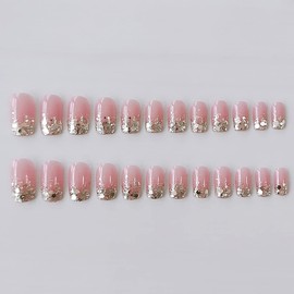 RikView Press on Nails Short Fake Nails Pink Nails Clear Square Acrylic Nails with Sequins