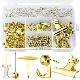 AccEncyc Gold Push Pin Kit 310 Pcs Decorative Thumb Tacks with Push Pin Hook Pushpin for Cork Board Bulletin Board Office Wall - 5 Style