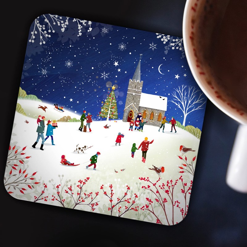 Christmas Coasters, Pack of 6 cork coasters - Snowy Church.