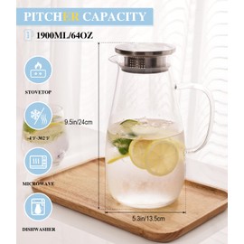 LUNA & MANTHA Glass Pitcher with Lid, Water Pitcher for Fridge, 64oz Drink Jug with handle, Borosilicate Glass for Iced Tea, Juice, Milk, Coffee Hot Cold Beverages Carafe 2 Quart